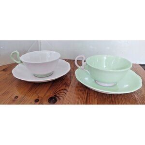 Vintage Royal Albert Pastella Pink & Mint Green Cups & Saucers(2) 1935-1940 mark